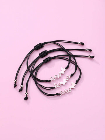 3pcs/Set Kids Butterfly Zinc Alloy Cute Black Braided Wax Rope Bracelet, Adjustable Size, Suitable As A Gift For Best Friend In Jewelry
