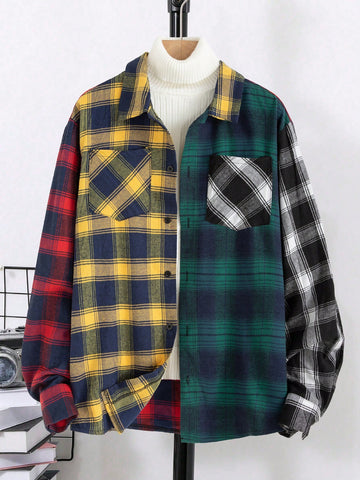 Men Plaid Print Colorblock Pocket Patched Shirt Without Sweater