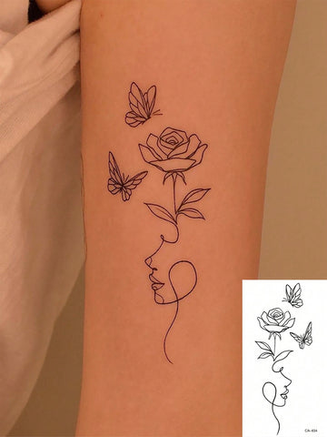 1pc Waterproof, Sweatproof, Washable Temporary Tattoo Sticker, Pvc Material, Cool Side Profile With Flowers & Butterflies Design, Perfect For Fashionable People For Daily Use Black Friday