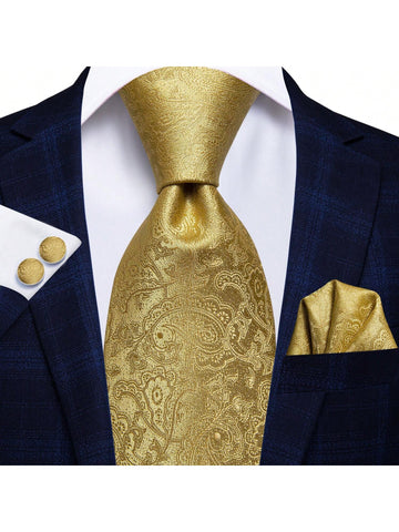 Hi-Tie Silk Men's Tie Gold Necktie Hankerchief Cufflinks Set Wedding Formal Prom Work Gift