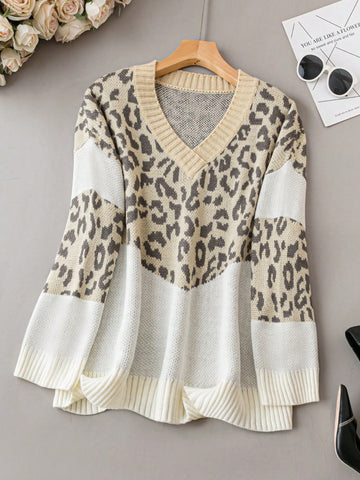 Plus Leopard Pattern Drop Shoulder Sweater