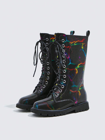 Fashionable And Comfortable Slip-resistant Street Style Boots For Girls, Colorful Flat Long Tube Booties With Ties