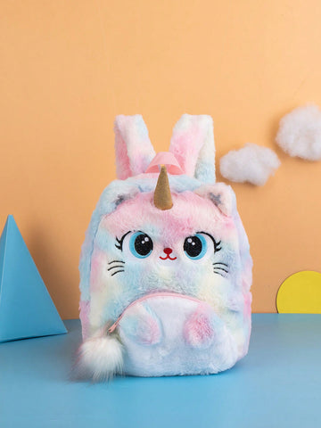 Trendy Plush Cartoon Backpack For Kids, Kindergarten Animal School Bag, Unicorn Design (Plush Pendants In Random Colors)
