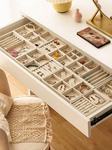 4pcs/set Beige Jewelry Storage Tray With Velvet Dividers For Earrings, Necklaces, Rings, Dressing Table Drawer Organizer