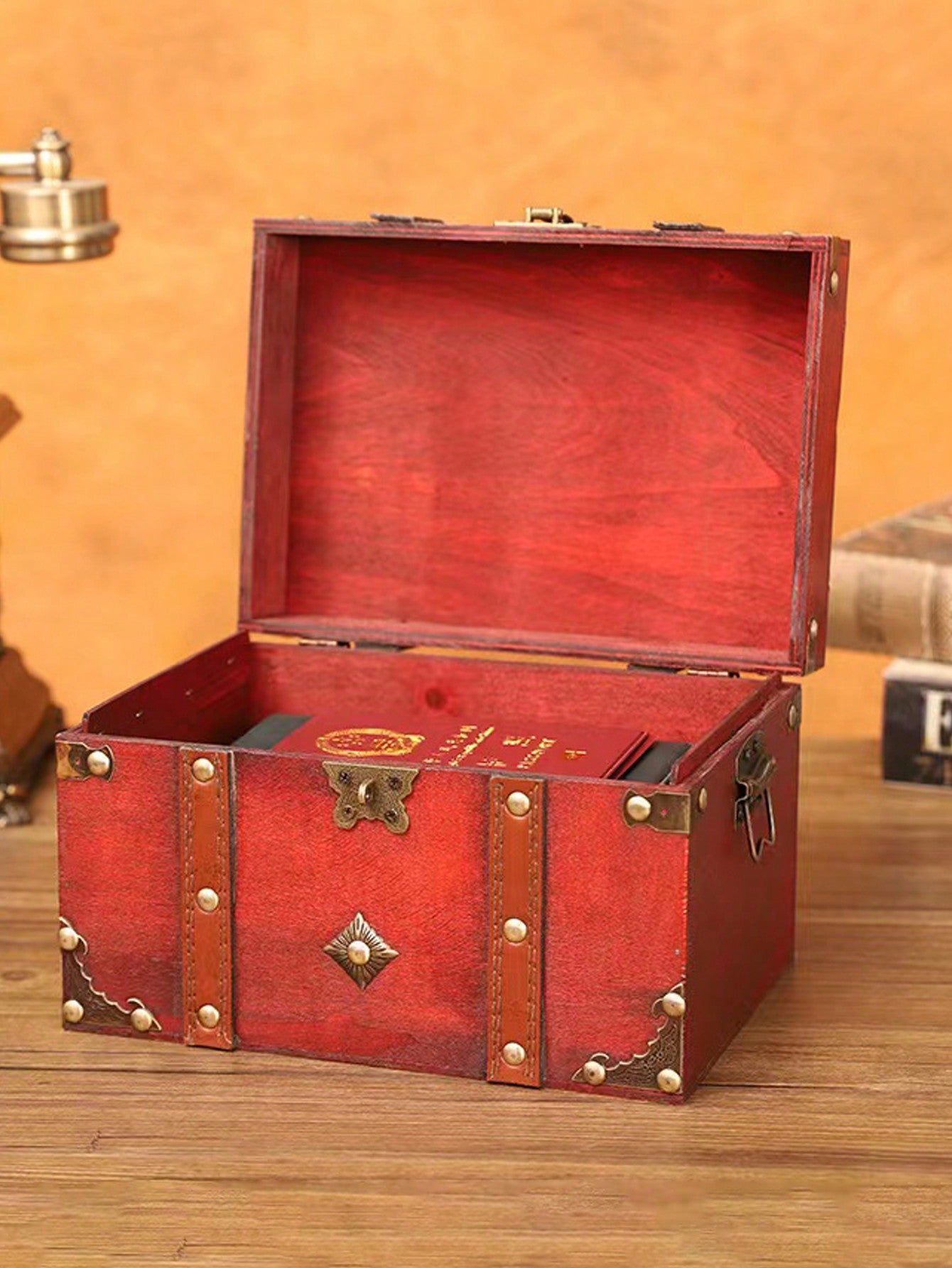1pc Large Red Vintage-style Wooden Square Jewelry Box With Lock & Password For Crafts, Storage, And Prop Use