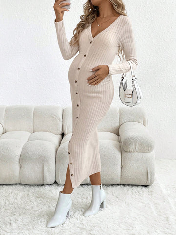 Maternity Button Through Ribbed Knit Bodycon Dress