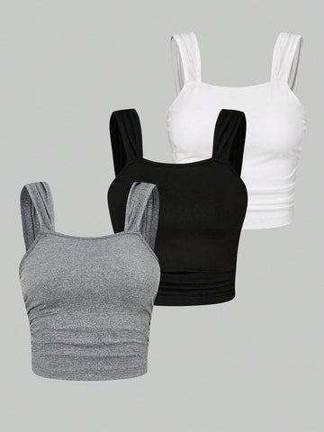 3pcs Solid Ruched Side Tank Top