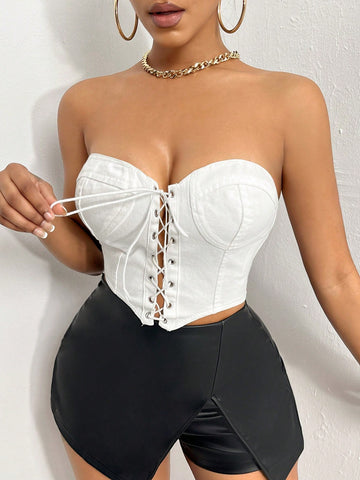 Lace Up Front Bustier Tube Denim Top