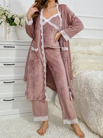 Contrast Lace Cami PJ Set With Robe