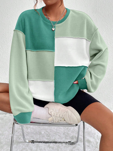 Colorblock Top-stitching Drop Shoulder Sweatshirt