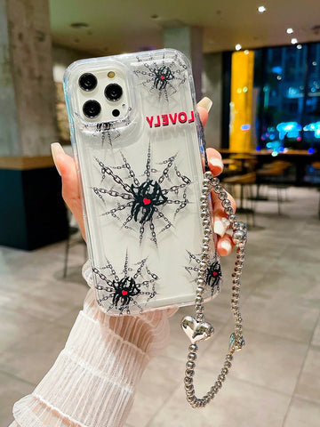 1pc Black Gothic Spider Web & Letter Print Tpu Shockproof Phone Case, Compatible With Iphone, With Electroplating Heart-shaped Necklace, Compatible With Iphone15