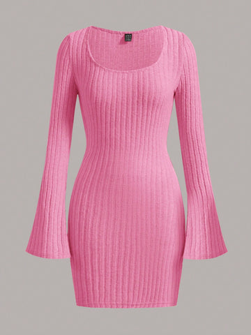 Scoop Neck Flare Sleeve Ribbed Knit Bodycon Dress