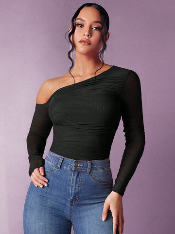 Asymmetrical Neck Ruched Top