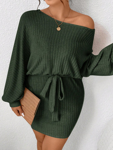 Plus Ribbed Knit Batwing Sleeve Belted Dress