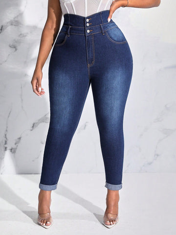 Plus High Waist Button Fly Skinny Jeans