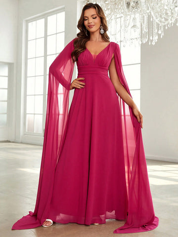 Extra-Long Sleeve Ruched Bustier Cape Sleeve Bridesmaid Dress