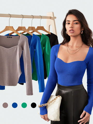 Sweetheart Neck Ribbed Knit Sweater