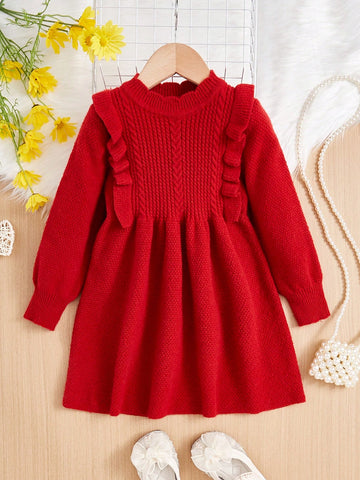 Young Girl Long-Sleeved Shell Collar Cute Sweater Dress