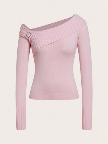 Solid Asymmetrical Neck Ribbed Knit Sweater