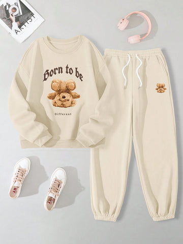 Women's Bear Letter Pattern Sweatshirt And Sweatpants Two-piece Set