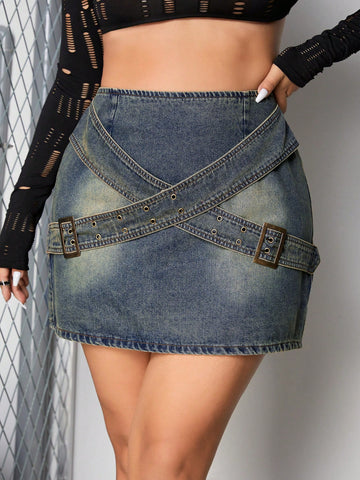 Plus Size Women's Faux Waist Belt Decorated Denim Mini Skirt