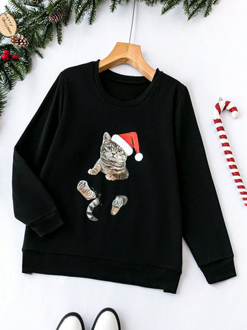 Plus Size Christmas Cat Printed Fleece Lined Sweatshirt