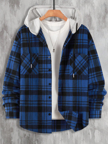 Loose-Fit Men's Plaid Print Drawstring Hooded Shirt Without T-Shirt