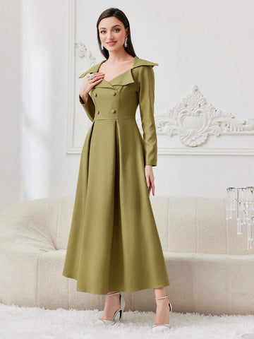 Women's Solid Color Dress With Turn-down Collar And Button Detail