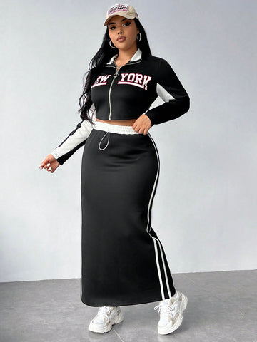 Plus Letter Graphic Contrast Side Seam Jacket & Skirt