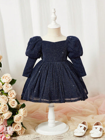 Baby Girls' Sparkly Tiered Dress With Leg Of Muttons Sleeve
