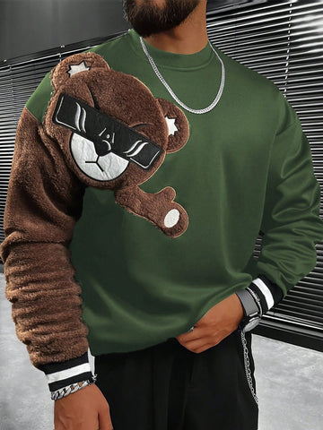 Loose Fit Men's Round Neck Pullover With Bear Embroidery