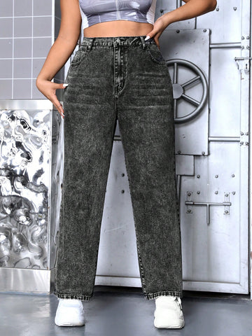 High Waisted Straight Leg Jeans With Washed Effect