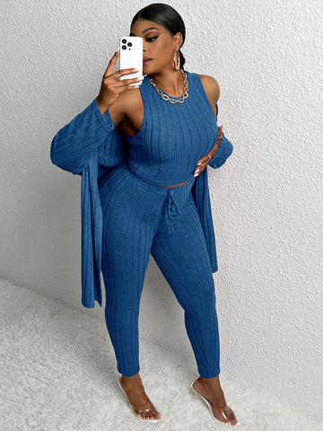 Plus Size Solid Color Knitted Vest & Skinny Pants, And Jacket Outfit Set