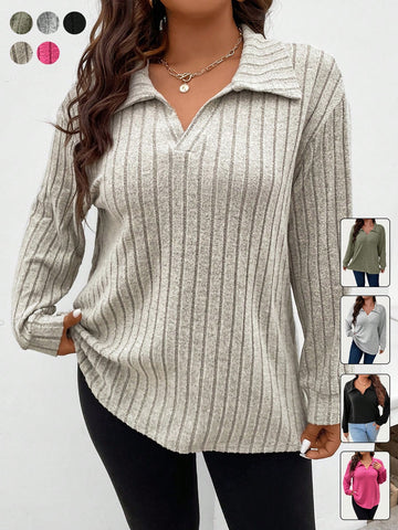 Plus Size Solid Color Sweatshirt With Waffle Collar