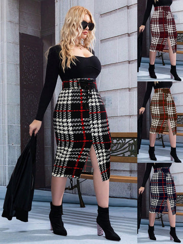 Plus Size Plaid Skirt With Tie Detail And Back Split