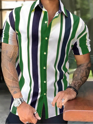 Men's Striped And Colorblock Short Sleeve Shirt