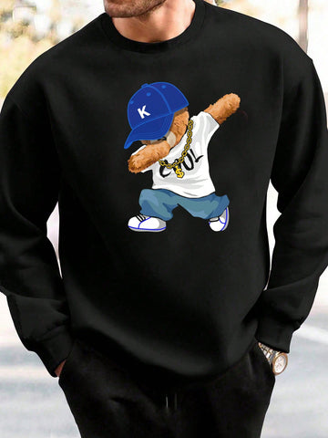 Men's Loose Fit Cartoon Bear Printed Drop Shoulder Sweatshirt