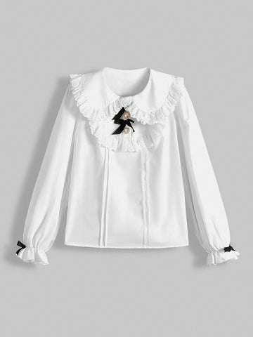 Mesh Embroidered Floral Lace Butterfly Sleeve Shirt With Pearl Button