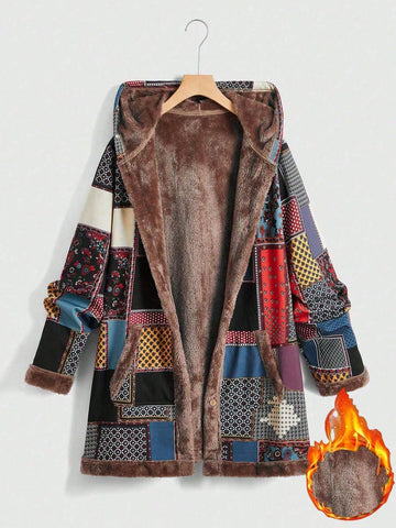 Women's Spliced Print Fleece Hooded Jacket