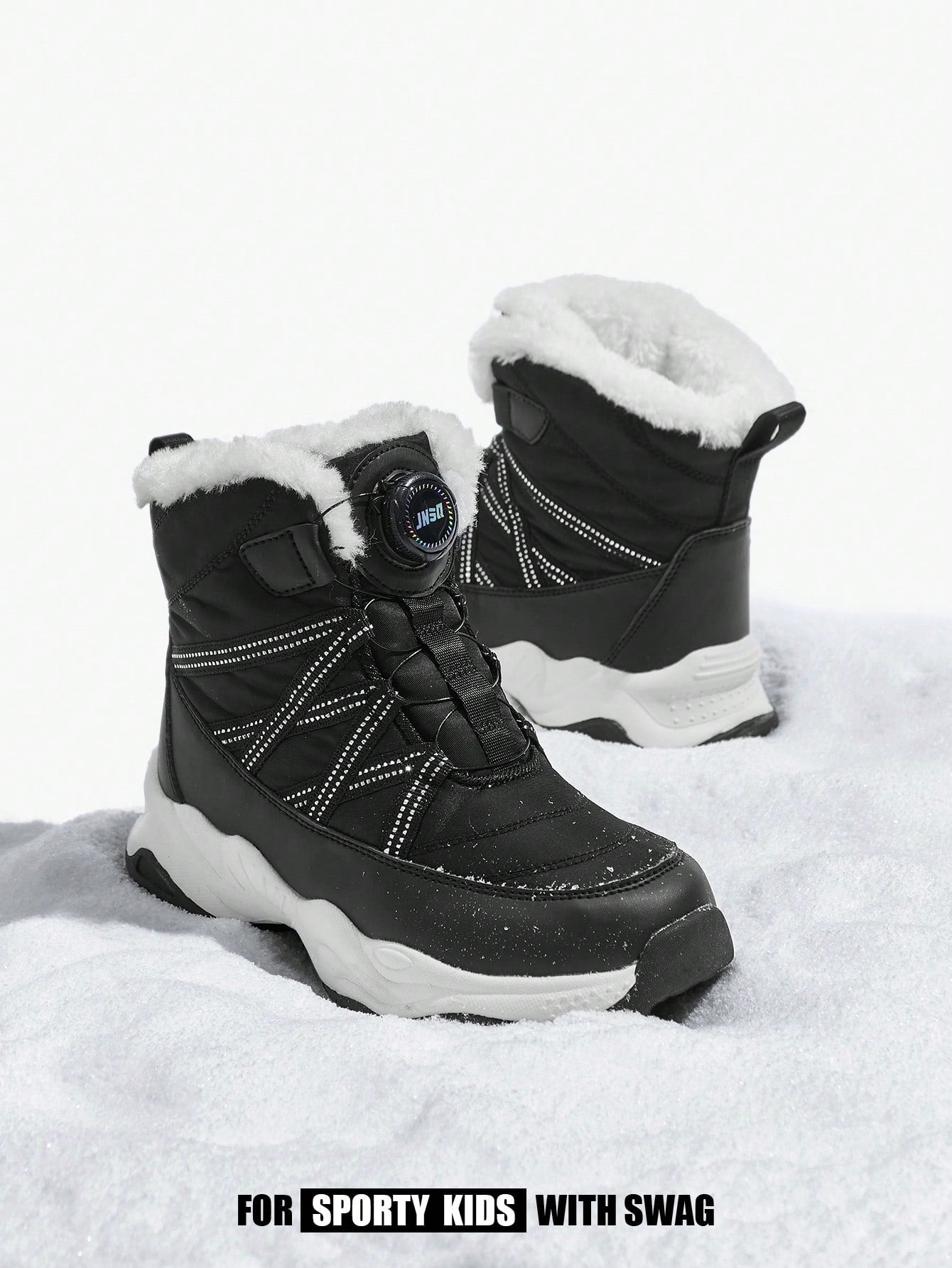 Fashionable Color-block Boys' Snow Boots With Comfortable Flat Sole, Warm Plush Lining And Rotating Buckle