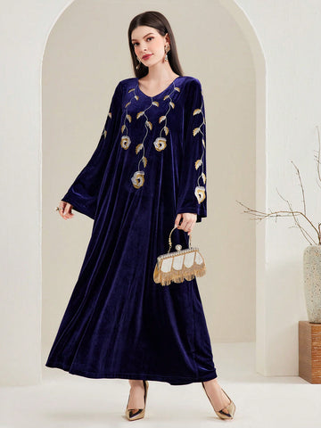 V-neck Floral Embroidery Flared Sleeves Dress