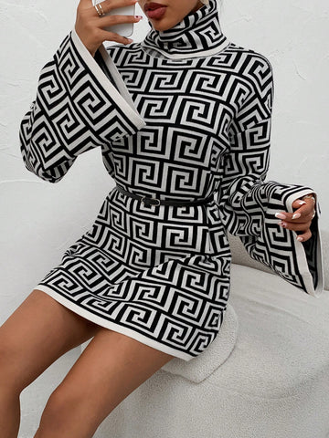 Full Printed Geometric Pattern Cool High Collar Women's Sweater