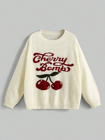 Women's Plus Size Cherry & Letter Pattern Drop Shoulder Sweater