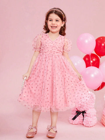 Young Girl Mesh Love Heart Pattern V-Neck Puff Sleeve Dress