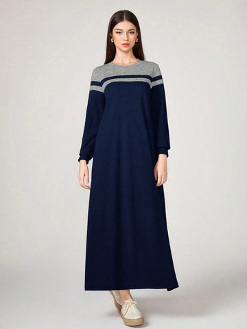 Women's Color Block Long Sleeve Dress Modest Dress