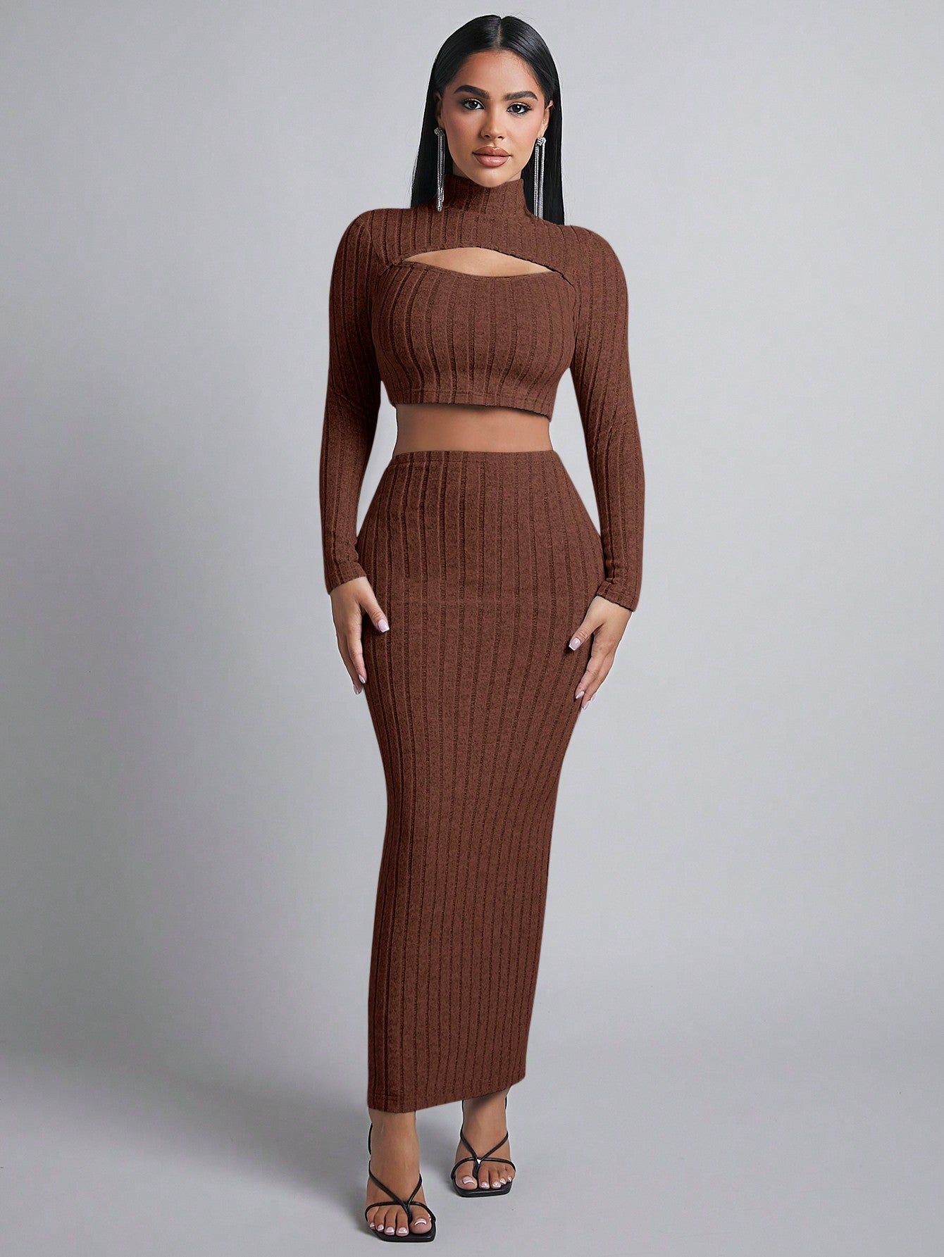 Women's Ribbed Stand Collar, Cut-out, Long Sleeve T-shirt And Skirt Set