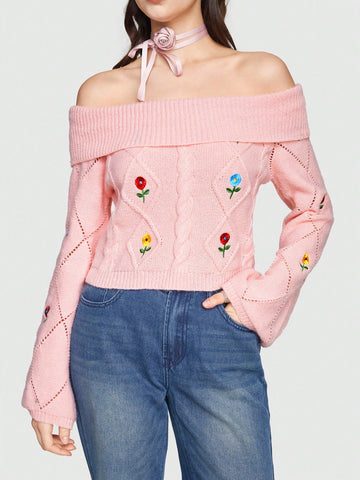 Women's Cute Embroidered Floral Off Shoulder Sweater