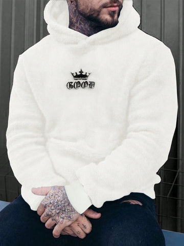 Men's Crown & Letter Embroidery Plush Hoodie