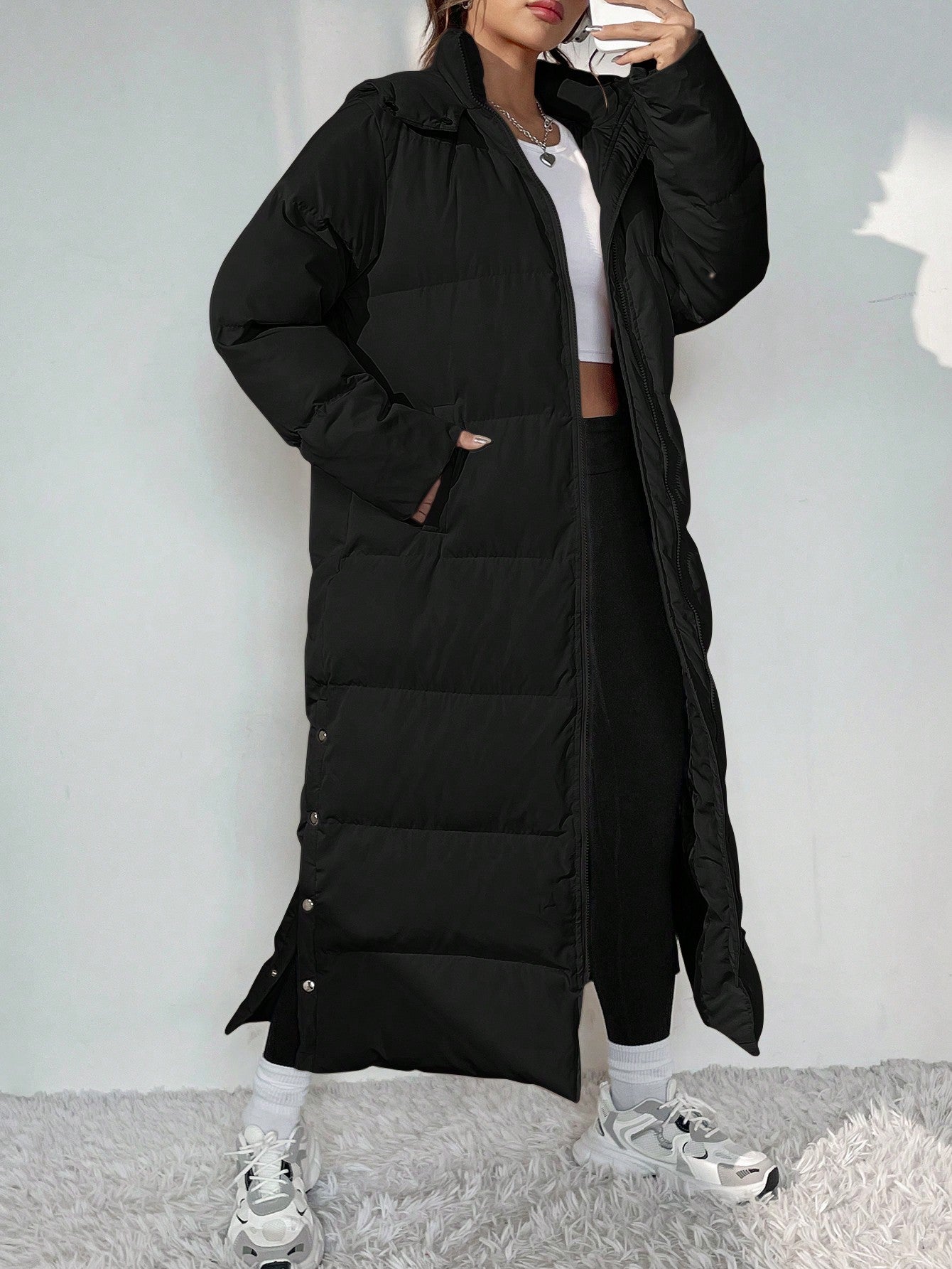 Ladies' Simple Solid Color Long Padded Coat Jacket