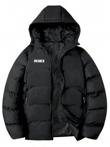 Men's Loose Hooded Padded Jacket With Zipper Closure And Letter Print, Winter